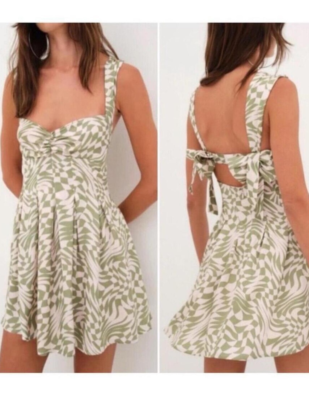 For Love & Lemons Green and White Patterned Tie-Back Mini Dress